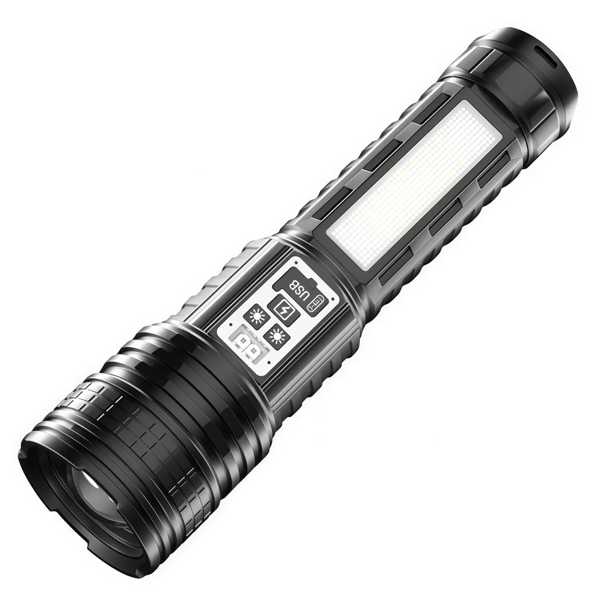 Bright Flashlight-Long Range Torch, Outdoor Portable LED Flashlight with Side Light LCD Display for Camping, Hiking, Adventures