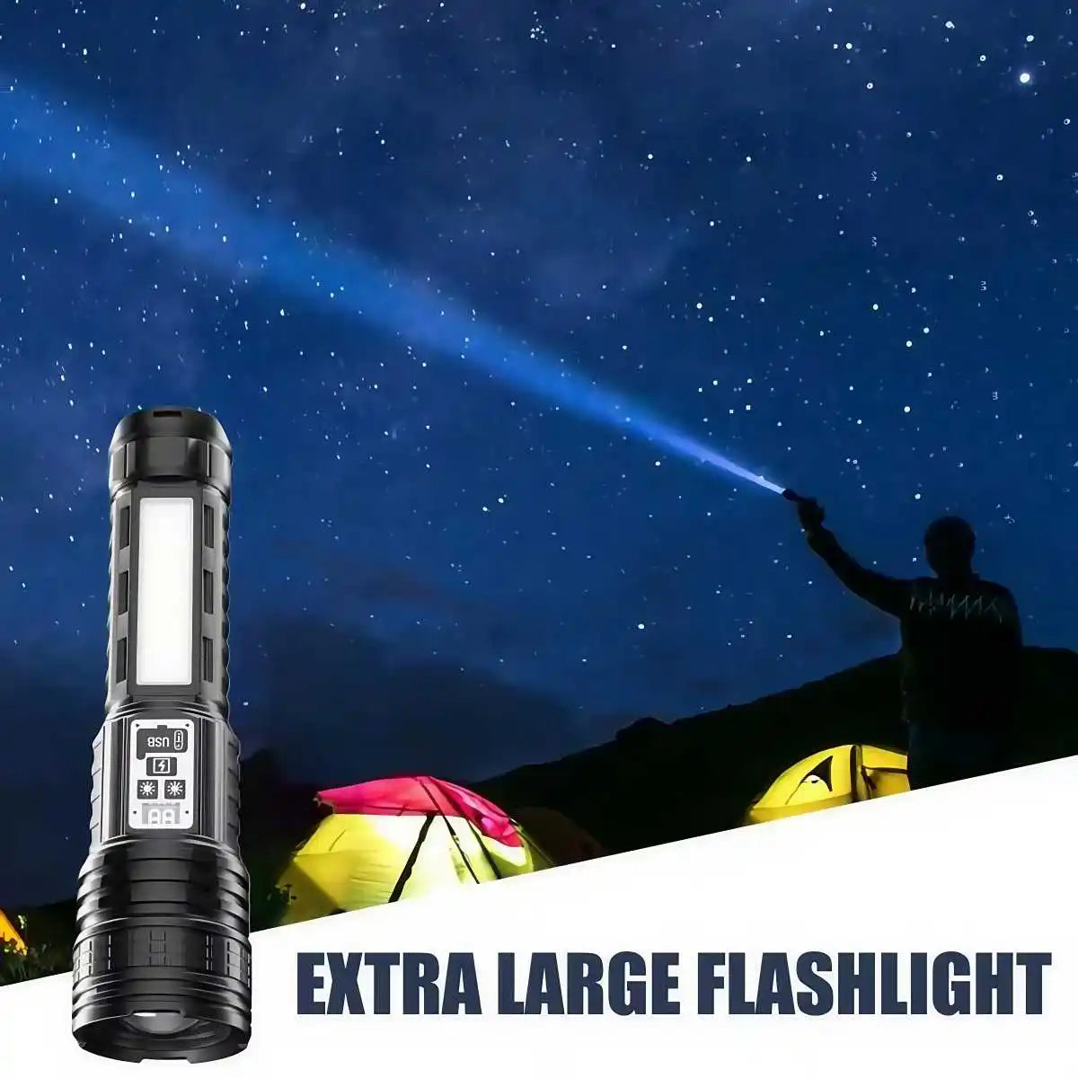 Bright Flashlight-Long Range Torch, Outdoor Portable LED Flashlight with Side Light LCD Display for Camping, Hiking, Adventures