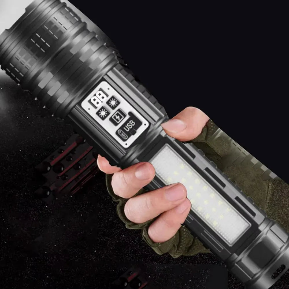 Bright Flashlight-Long Range Torch, Outdoor Portable LED Flashlight with Side Light LCD Display for Camping, Hiking, Adventures