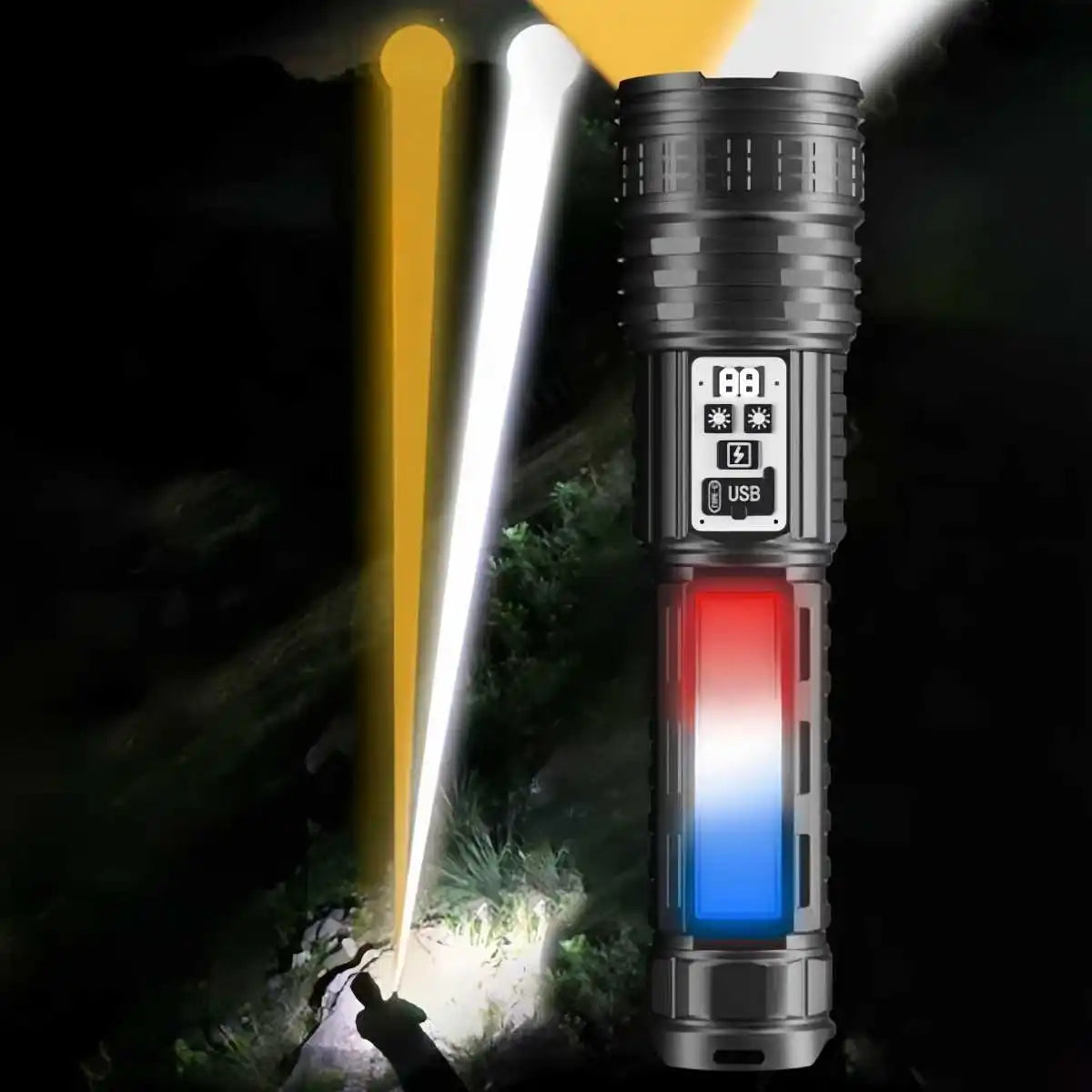Bright Flashlight-Long Range Torch, Outdoor Portable LED Flashlight with Side Light LCD Display for Camping, Hiking, Adventures