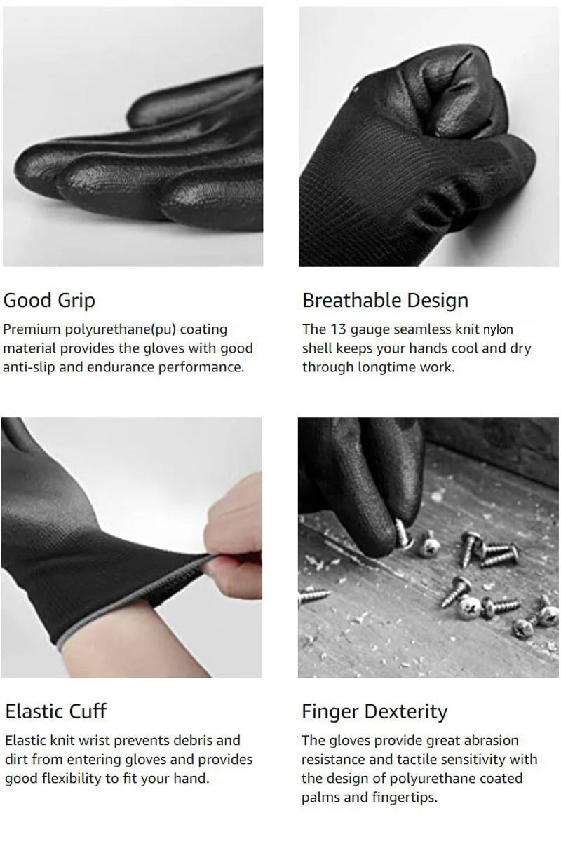 24 Pcs/12 Pairs Black PU Nitrile Industrial Protective Safety Work Glove With Nylon Cotton Knitted Coated Palm Gloves