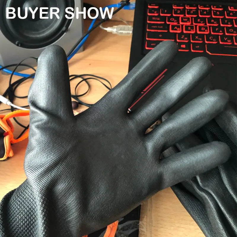 24 Pcs/12 Pairs Black PU Nitrile Industrial Protective Safety Work Glove With Nylon Cotton Knitted Coated Palm Gloves