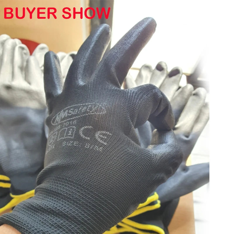 24 Pcs/12 Pairs Black PU Nitrile Industrial Protective Safety Work Glove With Nylon Cotton Knitted Coated Palm Gloves