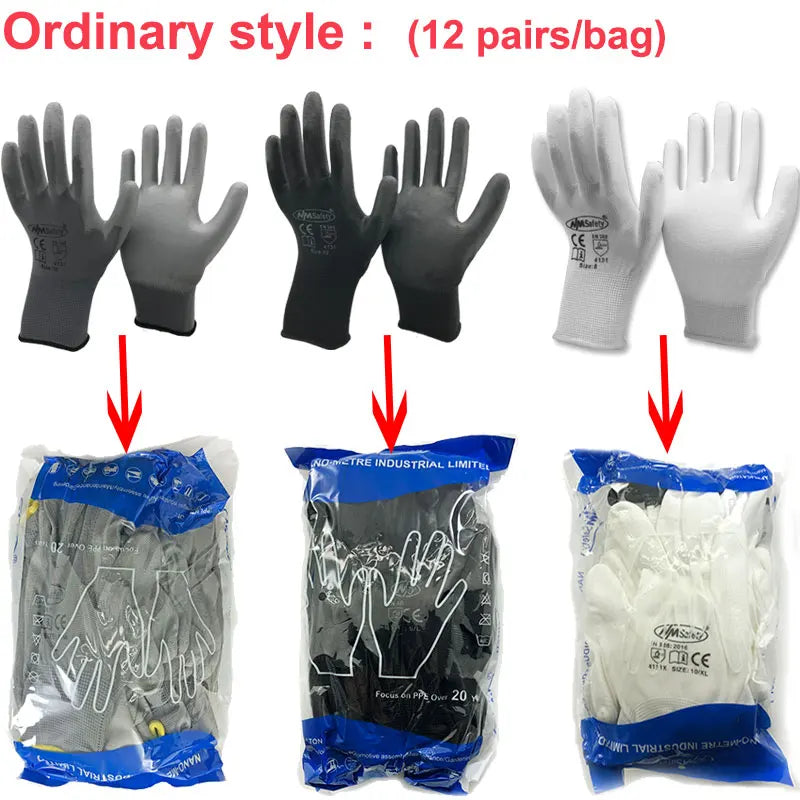 24 Pcs/12 Pairs Black PU Nitrile Industrial Protective Safety Work Glove With Nylon Cotton Knitted Coated Palm Gloves
