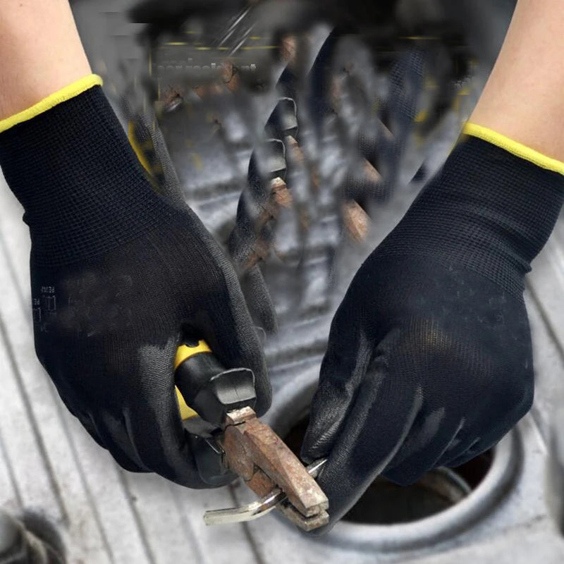 24 Pcs/12 Pairs Black PU Nitrile Industrial Protective Safety Work Glove With Nylon Cotton Knitted Coated Palm Gloves
