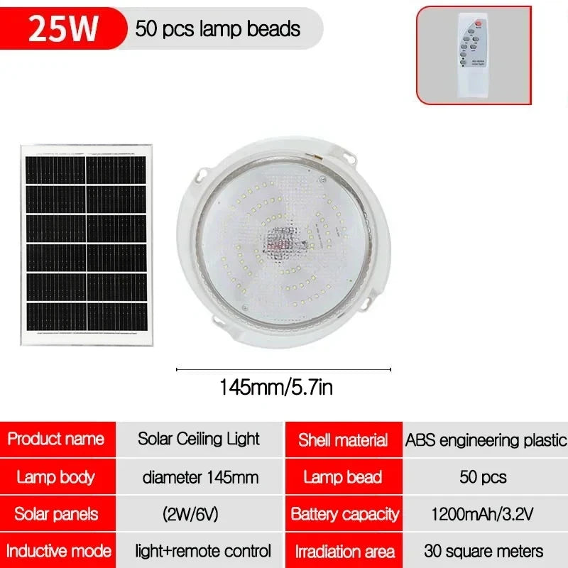 LED Solar Ceiling Light 25/40/60/80/100W  Solar Lamp Outdoor Waterproof Remote Control for Garden Hallway Indoor Living Room