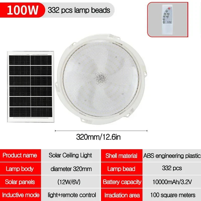 LED Solar Ceiling Light 25/40/60/80/100W  Solar Lamp Outdoor Waterproof Remote Control for Garden Hallway Indoor Living Room