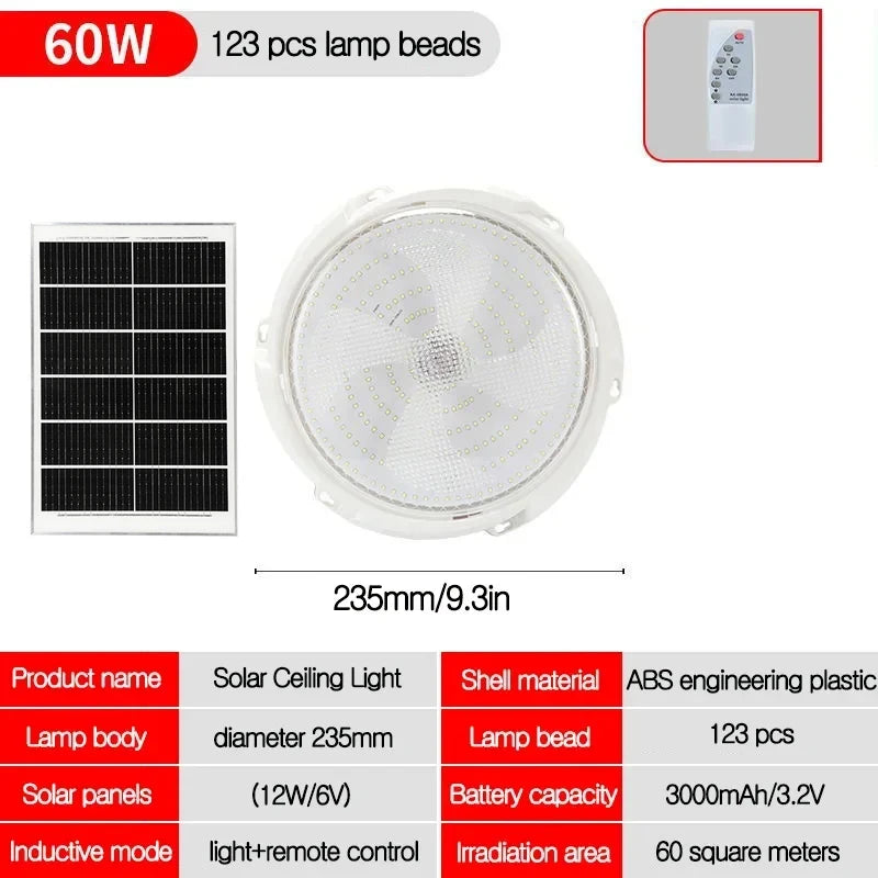 LED Solar Ceiling Light 25/40/60/80/100W  Solar Lamp Outdoor Waterproof Remote Control for Garden Hallway Indoor Living Room