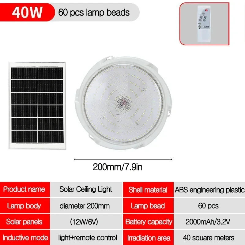 LED Solar Ceiling Light 25/40/60/80/100W  Solar Lamp Outdoor Waterproof Remote Control for Garden Hallway Indoor Living Room