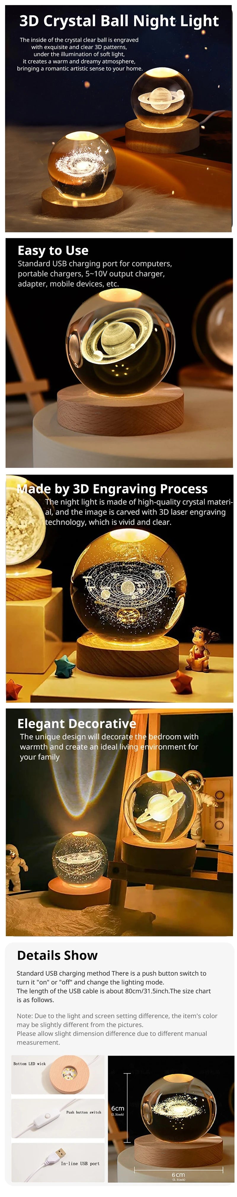 Night Light, LED Light, Crystal Ball, USB Powered, Saturn, Elk, Milky Way, Pattern, Ambient Light, Christmas Gift Light