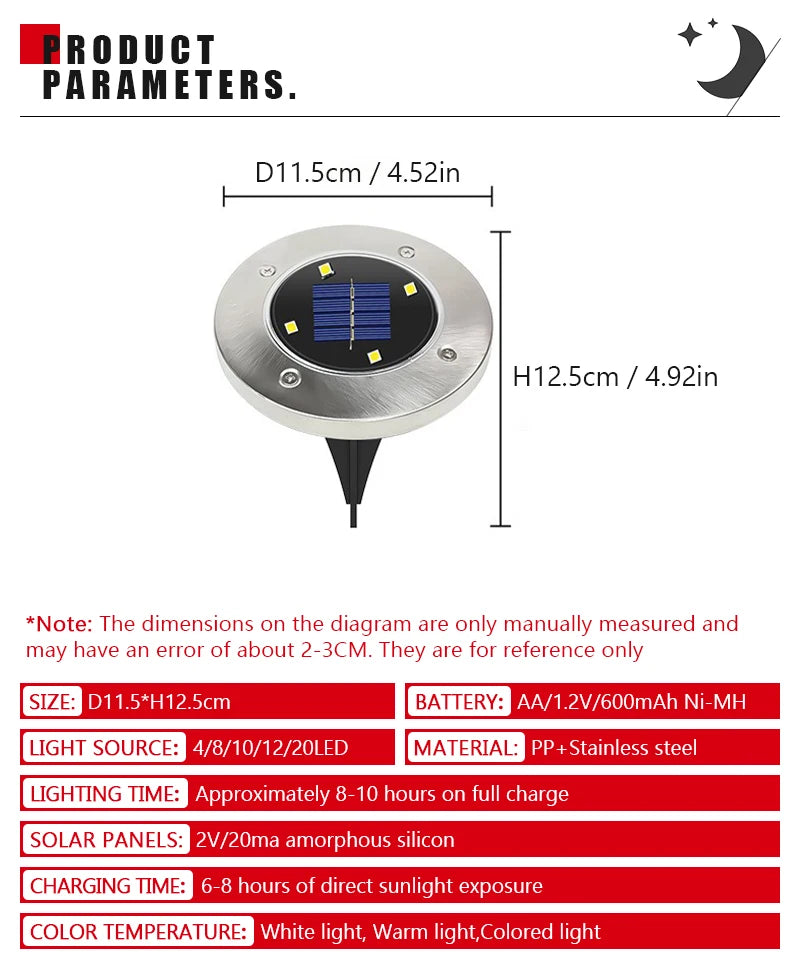 8/20 LED Solar Disc Light Outdoor IP65 Waterproof Underground Light Courtyard Road Deck Lamp Garden Lawn Decorative Spotlight